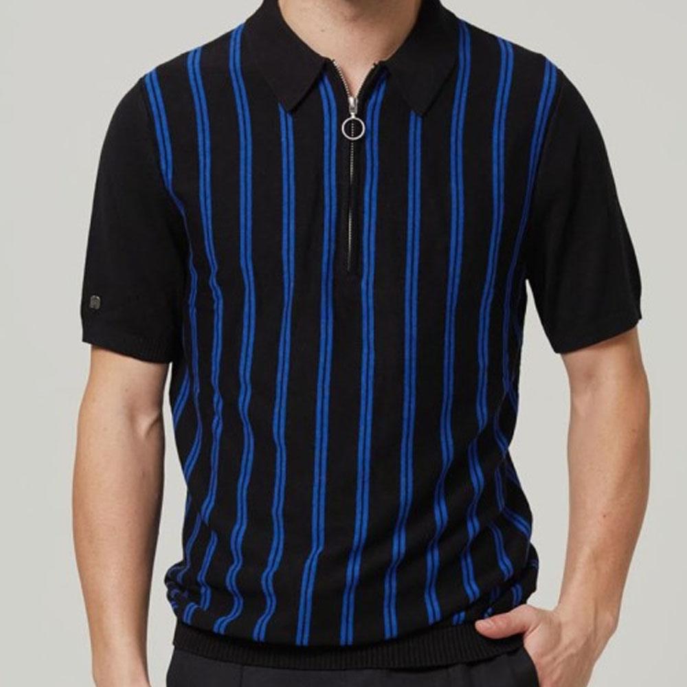 He's On Time Black Knit Quarter-Zip Polo with Blue Stripes by 4funkyflavours
