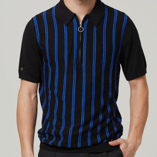 He's On Time Black Knit Quarter-Zip Polo with Blue Stripes by 4funkyflavours