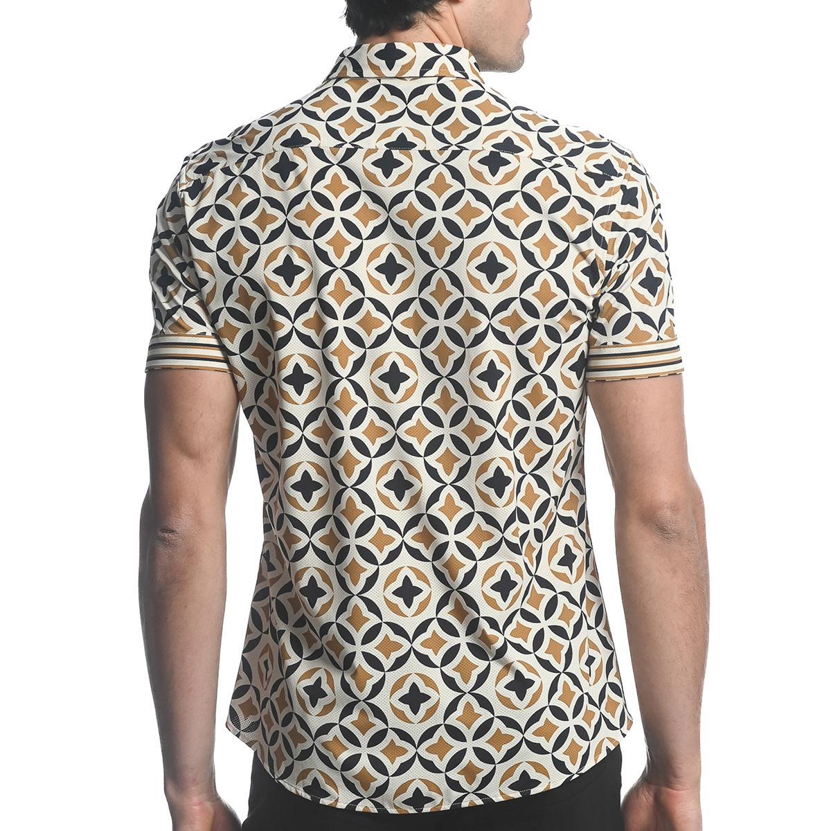 Amber/Sand Floral Mosaic Performance Stretch Short Sleeve Shirt by Postmarc