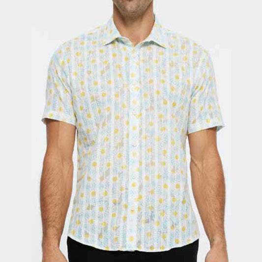 Sky Blue/White Daisies Printed Cotton Short Sleeve Shirt by Postmarc