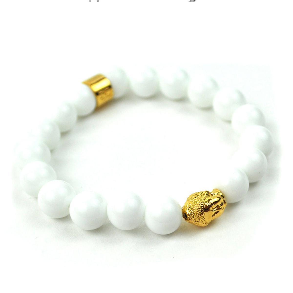 Glossy White Buddha Beaded 8" Bracelet by Gold Gods