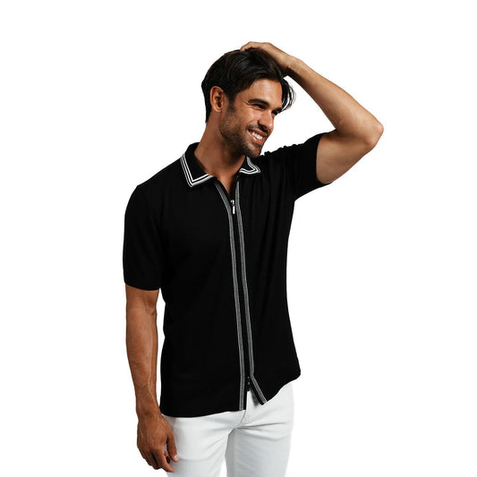 Contour Black Short Sleeve Two Way Zip Knit Polo Shirt by Eight X
