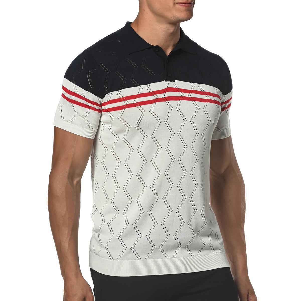 Navy/Red Zigzag Stripe Silk and Tencel Knit Polo Shirt by Postmarc