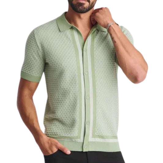 Moss/Aloe Honeycomb Textured Cotton Button Front Knit Shirt by Postmarc