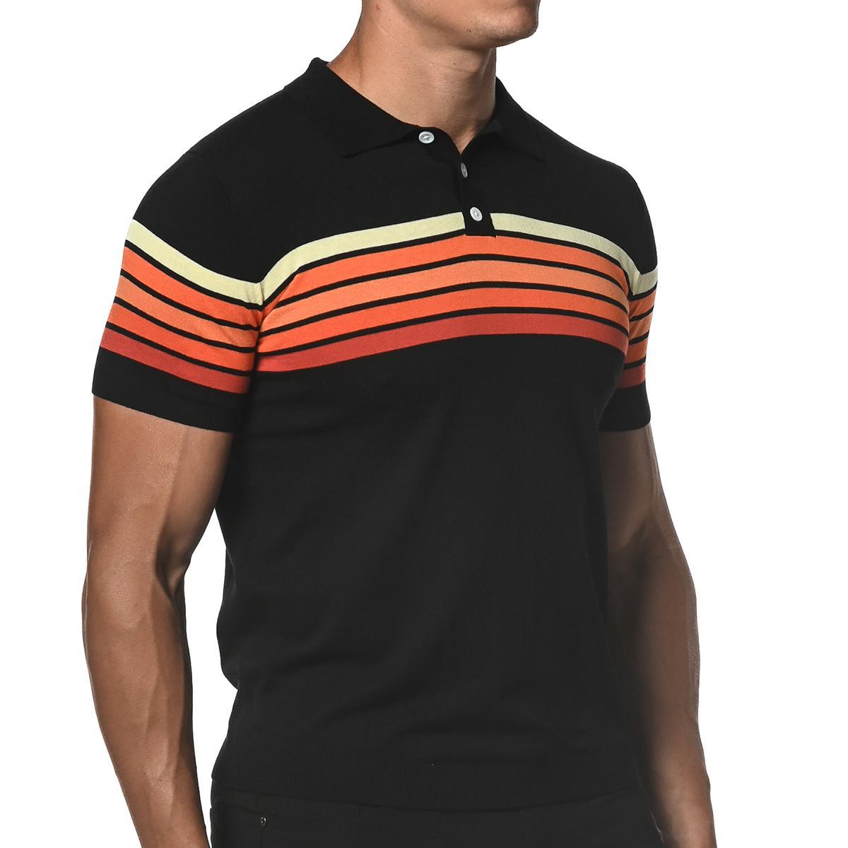 Sienna Orange/Black Retro Stripe Knit Polo Shirt by Postmarc