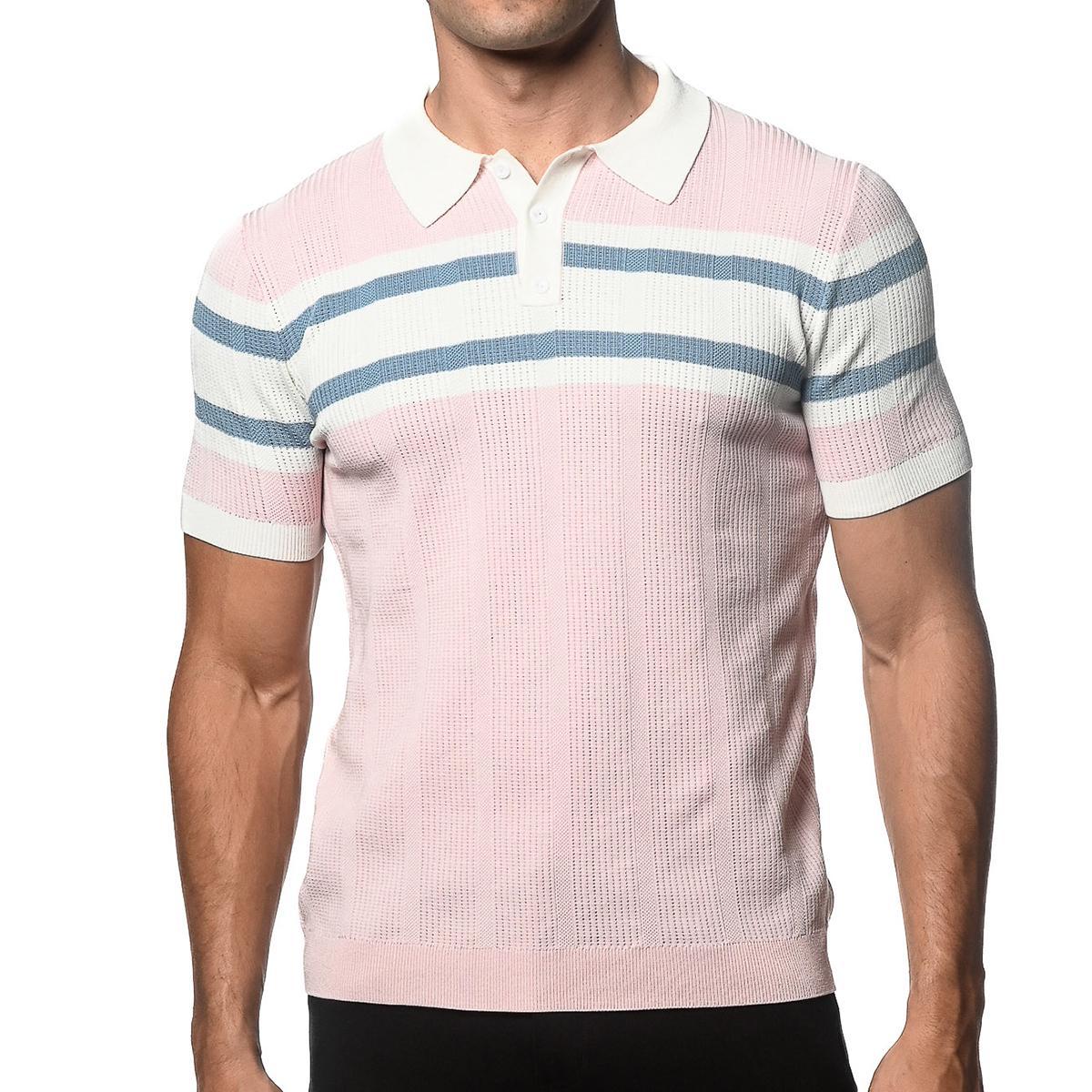 Mist Pink Silk/Tencel Striped Knitted Polo by Postmarc