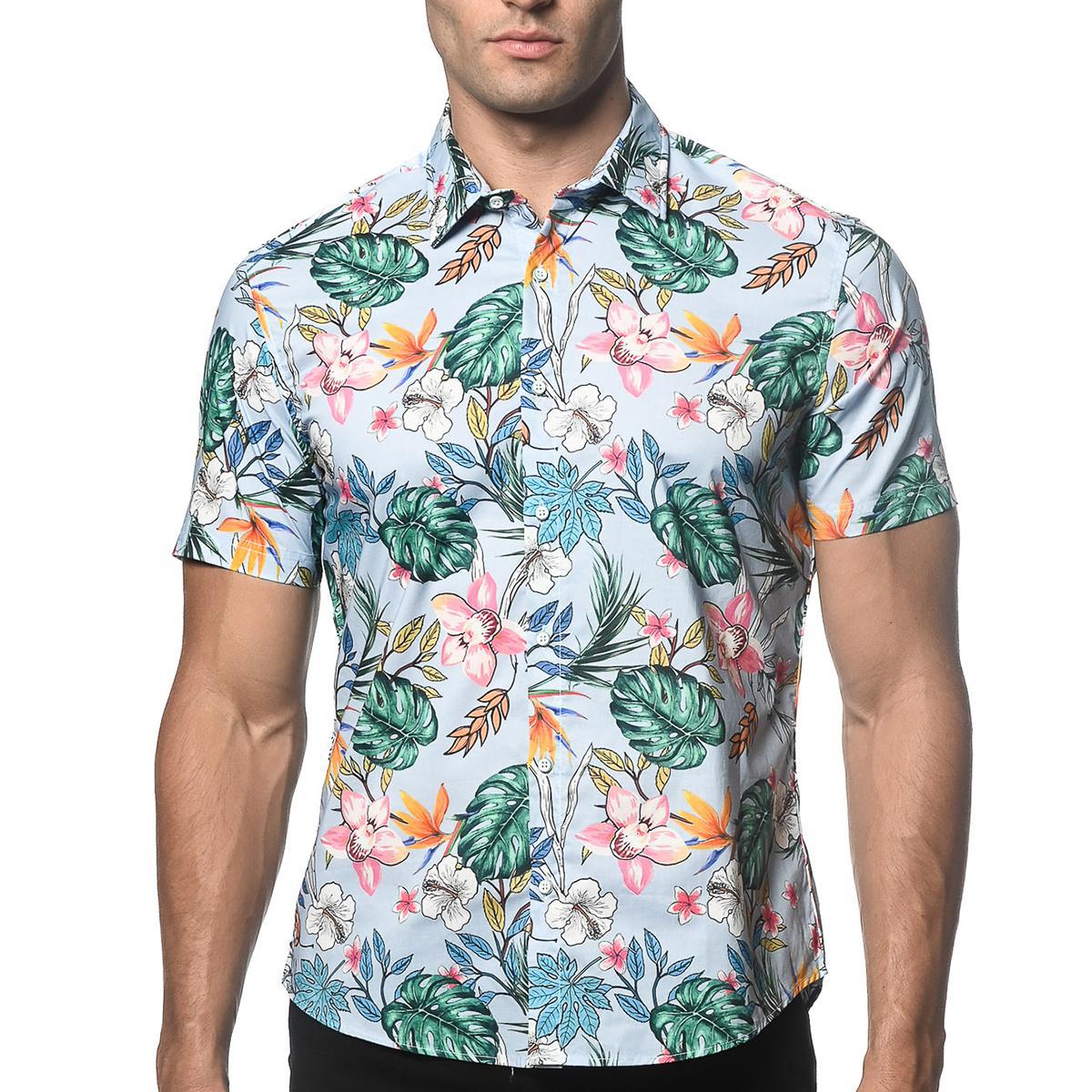 Cloud/Teal Fauna Cotton/Tencel Short Sleeve Shirt by Postmarc