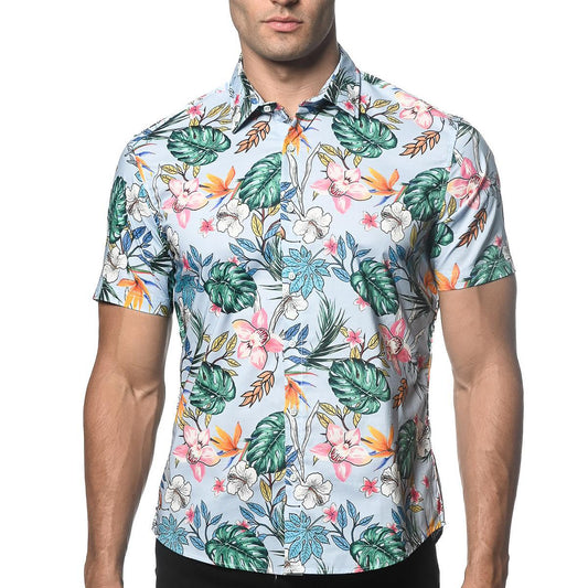 Cloud/Teal Fauna Cotton/Tencel Short Sleeve Shirt by Postmarc