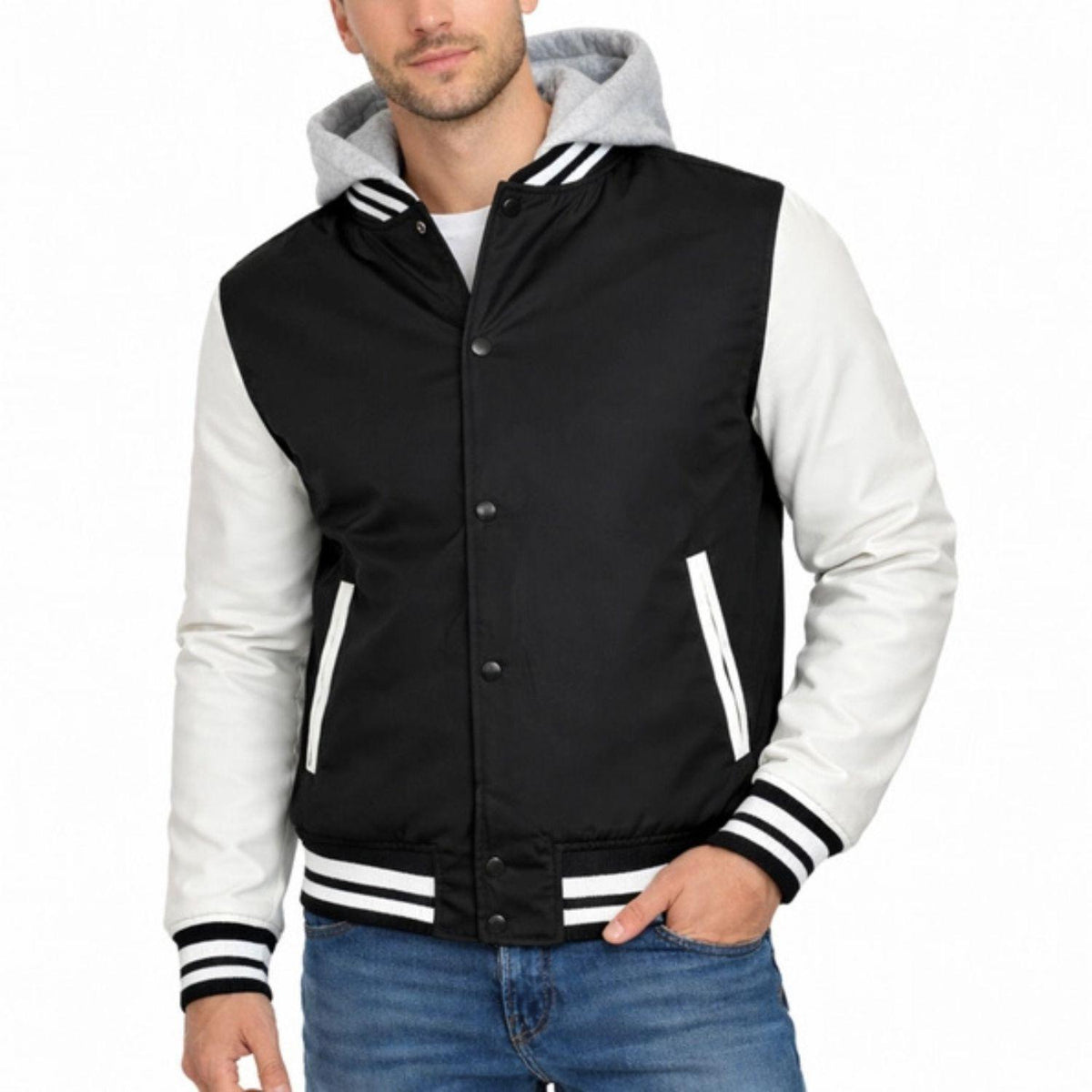 Black Hooded Varsity Jacket w/ Detachable Hood