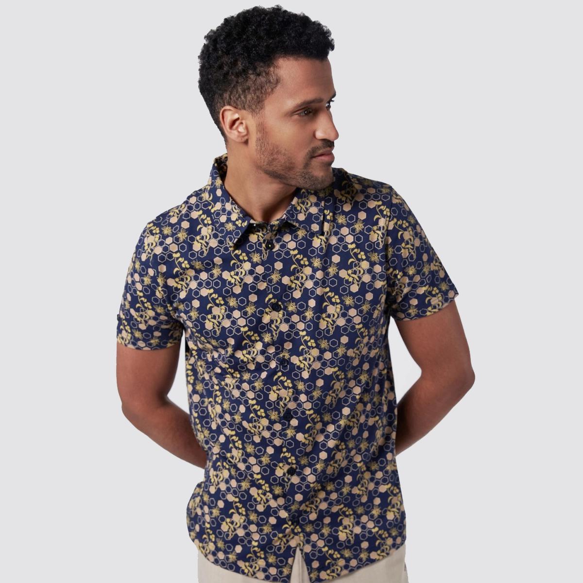 Computer Love Bee Print Navy/Yellow Short Sleeve Cotton Shirt by 4FunkyFlavours