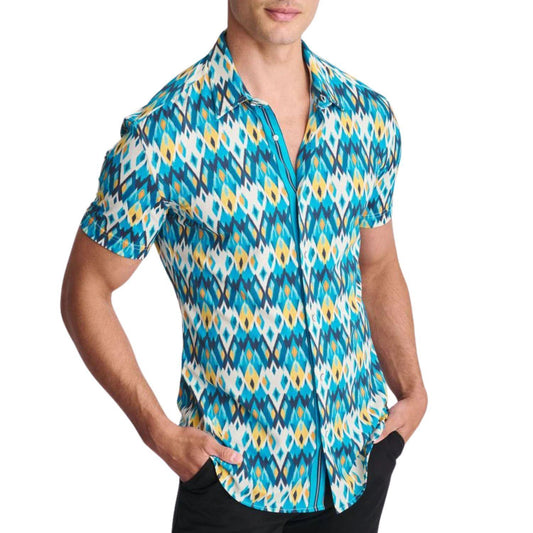 Teal/Gold Diamonds Printed Performance Short Sleeve Shirt w/ Contrast Placket by Postmarc