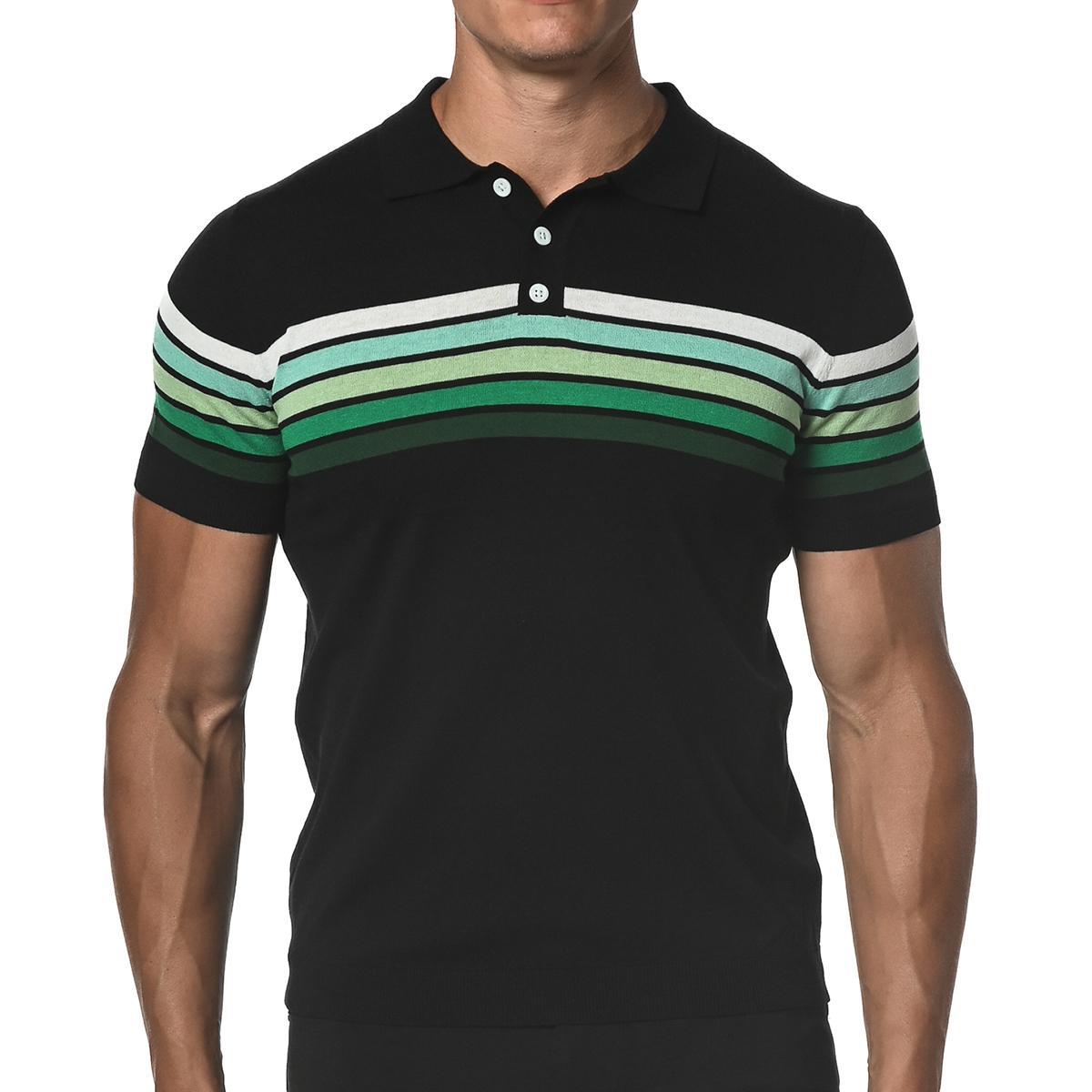 Emerald Green/Black Retro Stripe Knit Polo Shirt by Postmarc