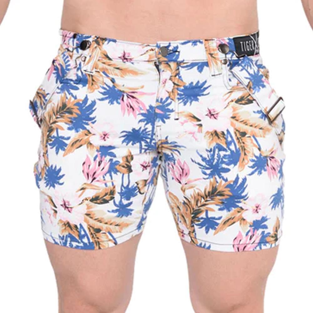 Taj White Hawaiian Limited Edition Shorts with Fashion Straps by TigerXHorse Denim