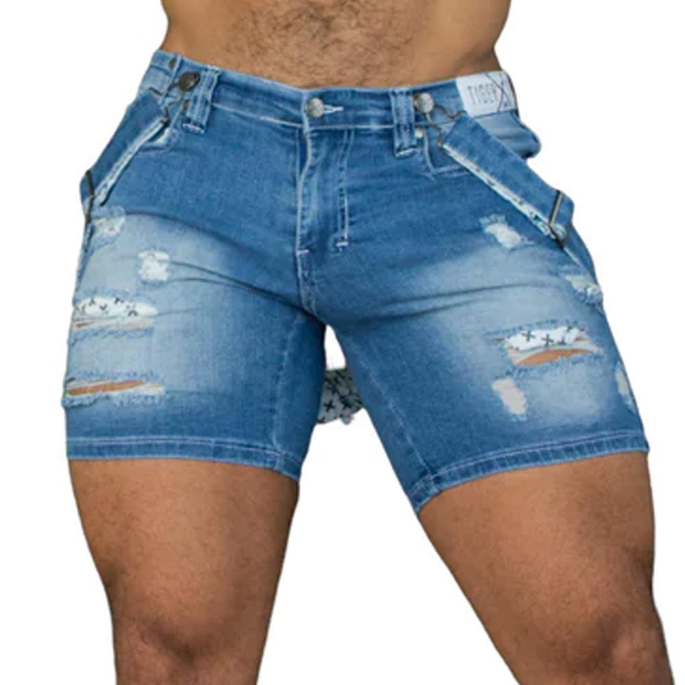 Homar Sky Blue Distressed Denim Romey Shorts with Fashion Straps by TigerXHorse Denim