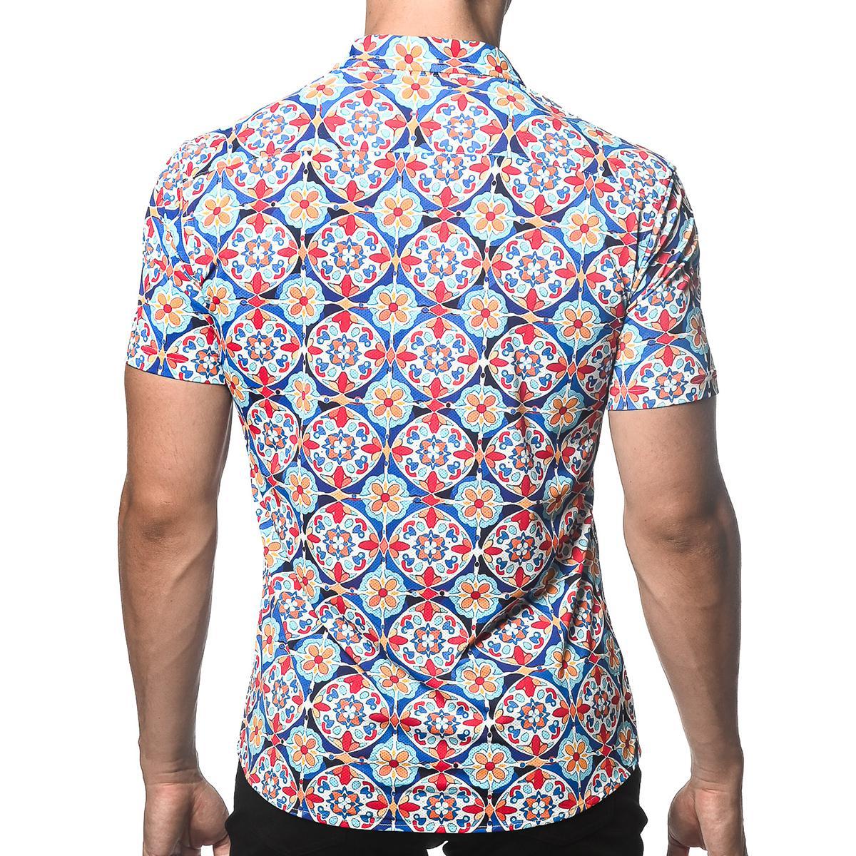 Blue/Gold Floral Tiles Performance Stretch Short Sleeve Shirt by Postmarc