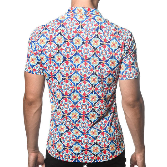 Blue/Gold Floral Tiles Performance Stretch Short Sleeve Shirt by Postmarc