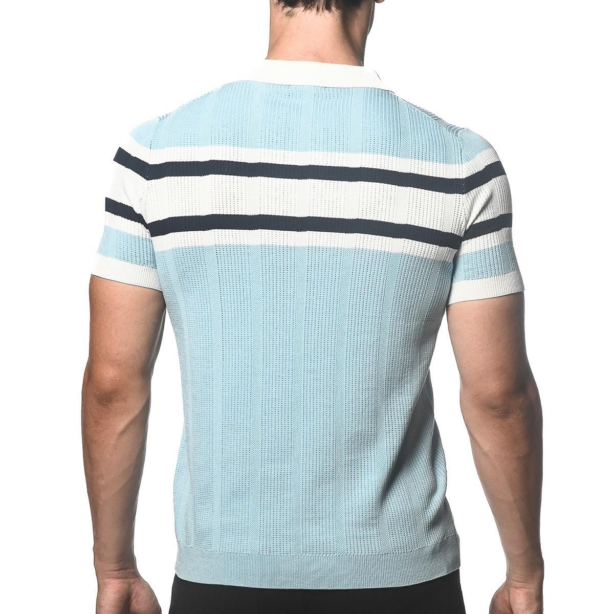 Blue Smoke Silk/Tencel Striped Knitted Polo by Postmarc