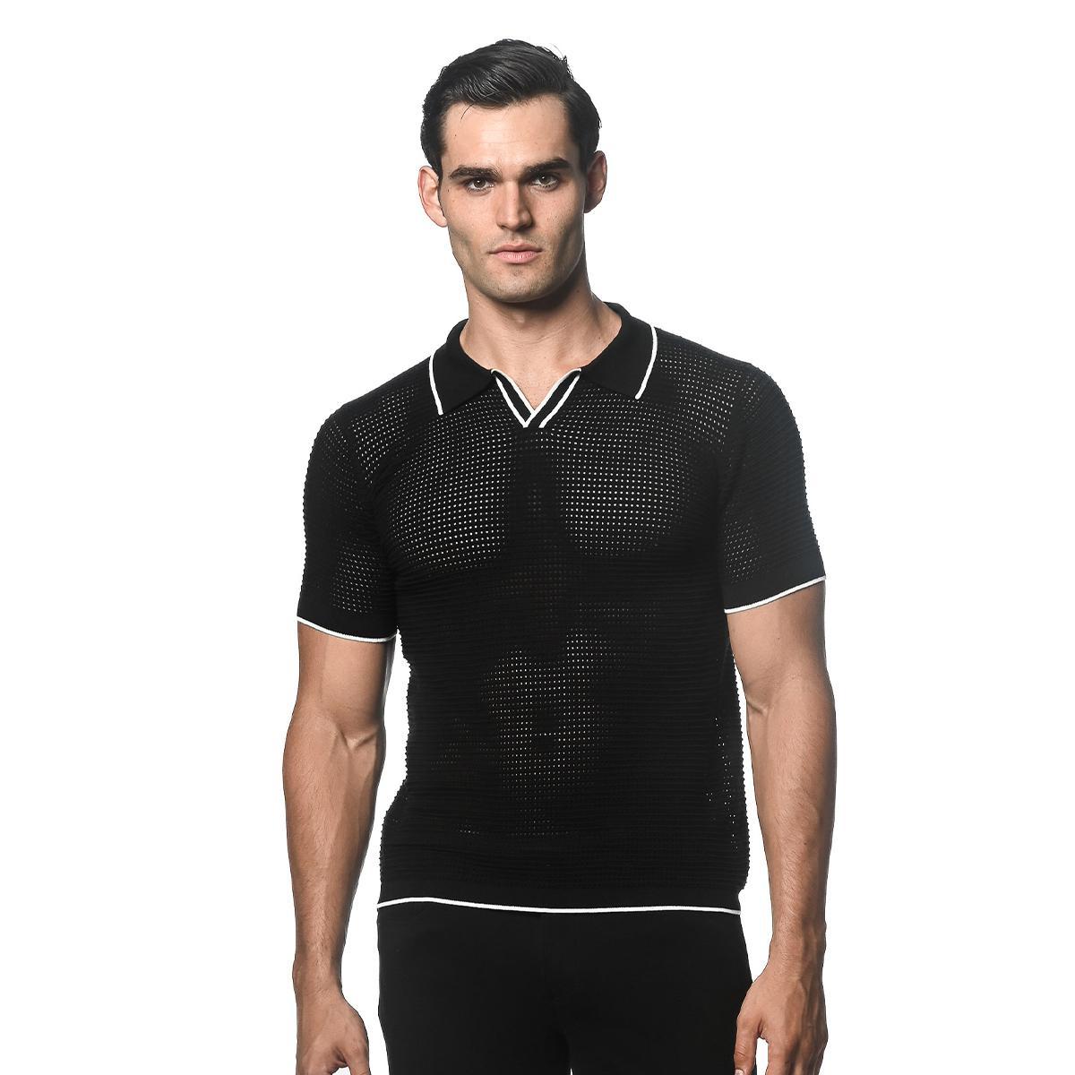 Black/White Textured Johnny Collar Mesh Knitted Polo by Postmarc