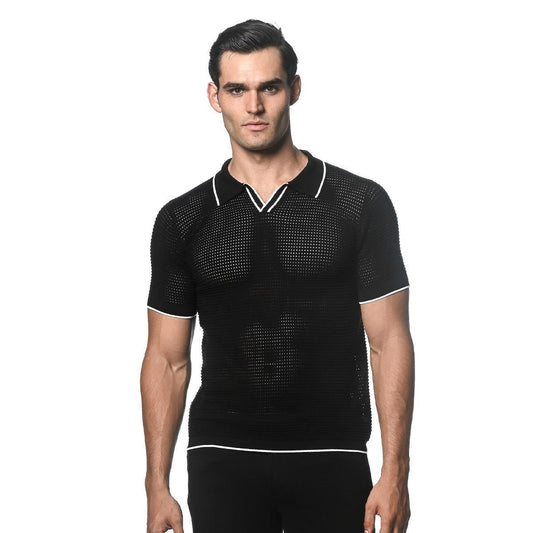 Black/White Textured Johnny Collar Mesh Knitted Polo by Postmarc