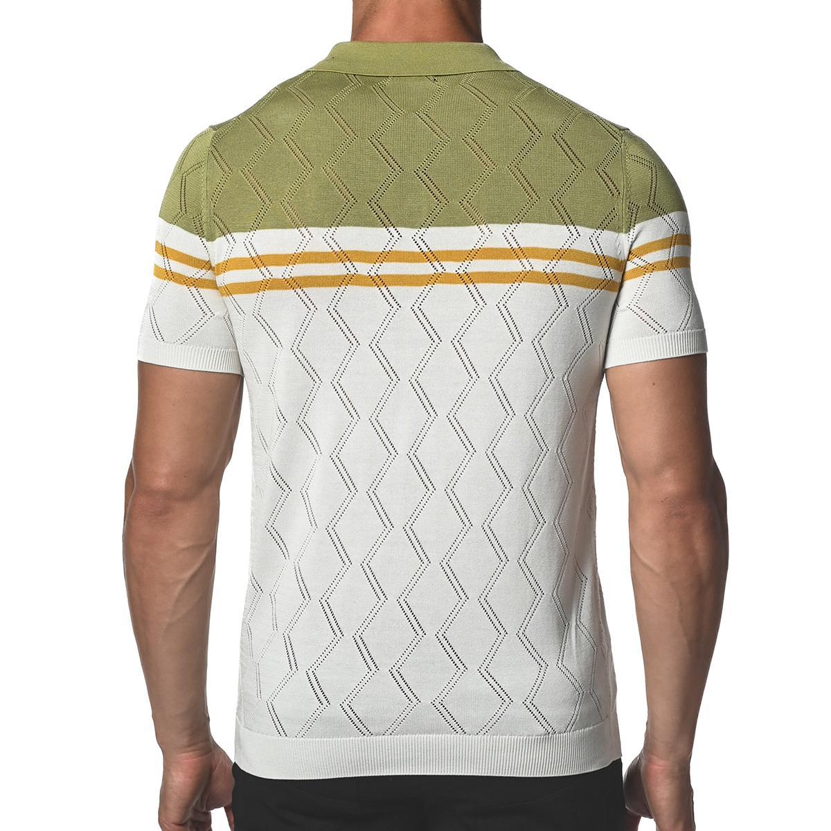 Olive Green/Amber Yellow Zigzag Stripe Silk and Tencel Knit Polo Shirt by Postmarc