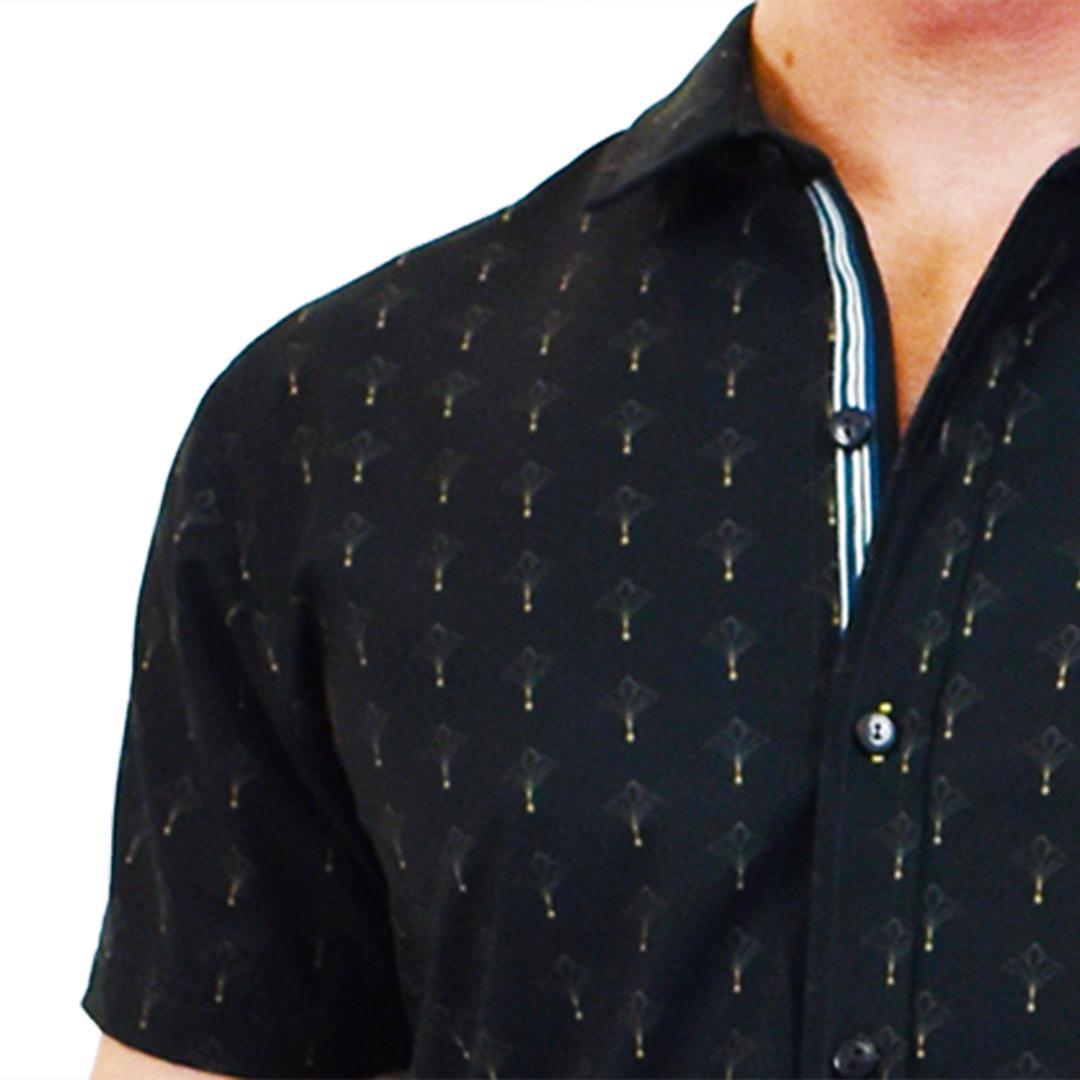Art Deco Black/Gold Patterned Slim Fit Style Stretch Short Sleeve Shirt by Assassin Menswear