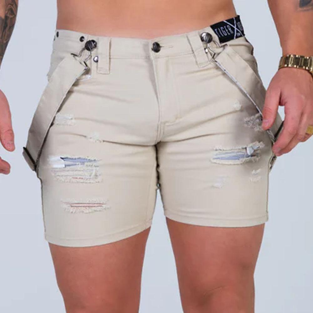 Thomas Camel Distressed Shorts with Fashion Straps by TigerXHorse Denim