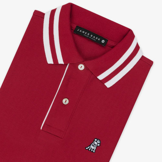 Chili Pepper Red Polo Shirt with White Striped Collar and French Bulldog Logo by James Bark