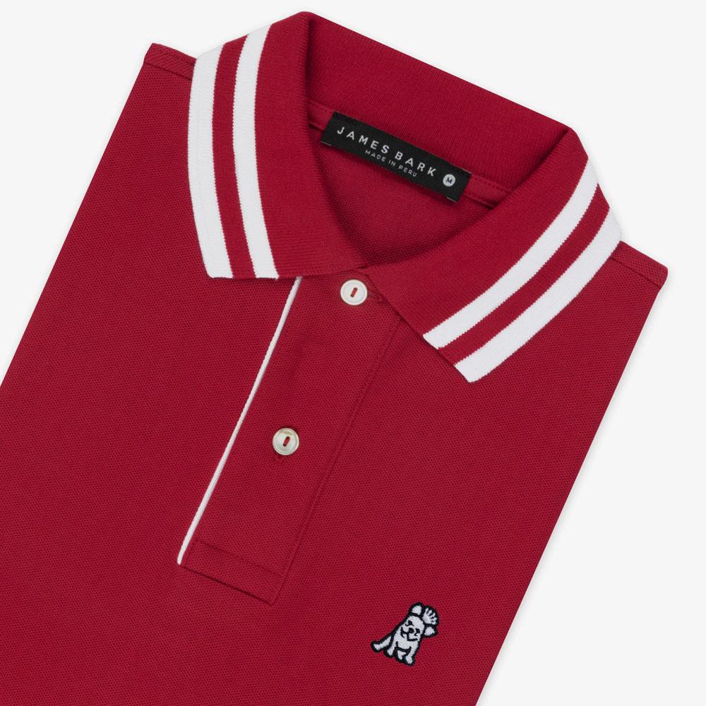 Chili Pepper Red Polo Shirt with White Striped Collar and French Bulldog Logo by James Bark
