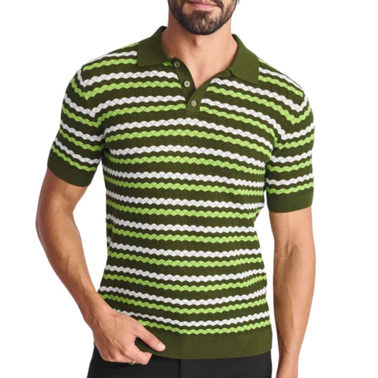 Pear/Combat/Off White Wave Textured Cotton 3-Button Knit Polo by Postmarc