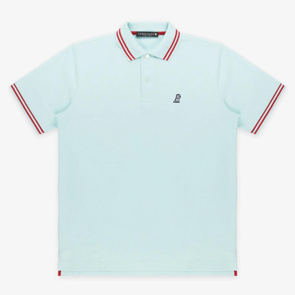 Light Blue Polo Shirt with Red Striped Collar and French Bulldog Logo by James Bark