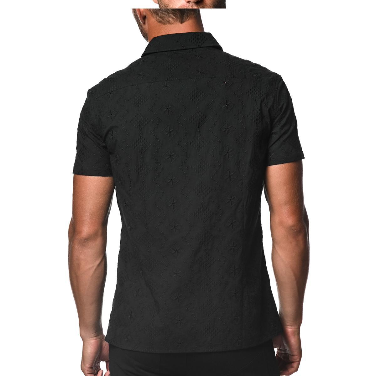 Black Cotton Eyelet Woven Short Sleeve Shirt by Postmarc