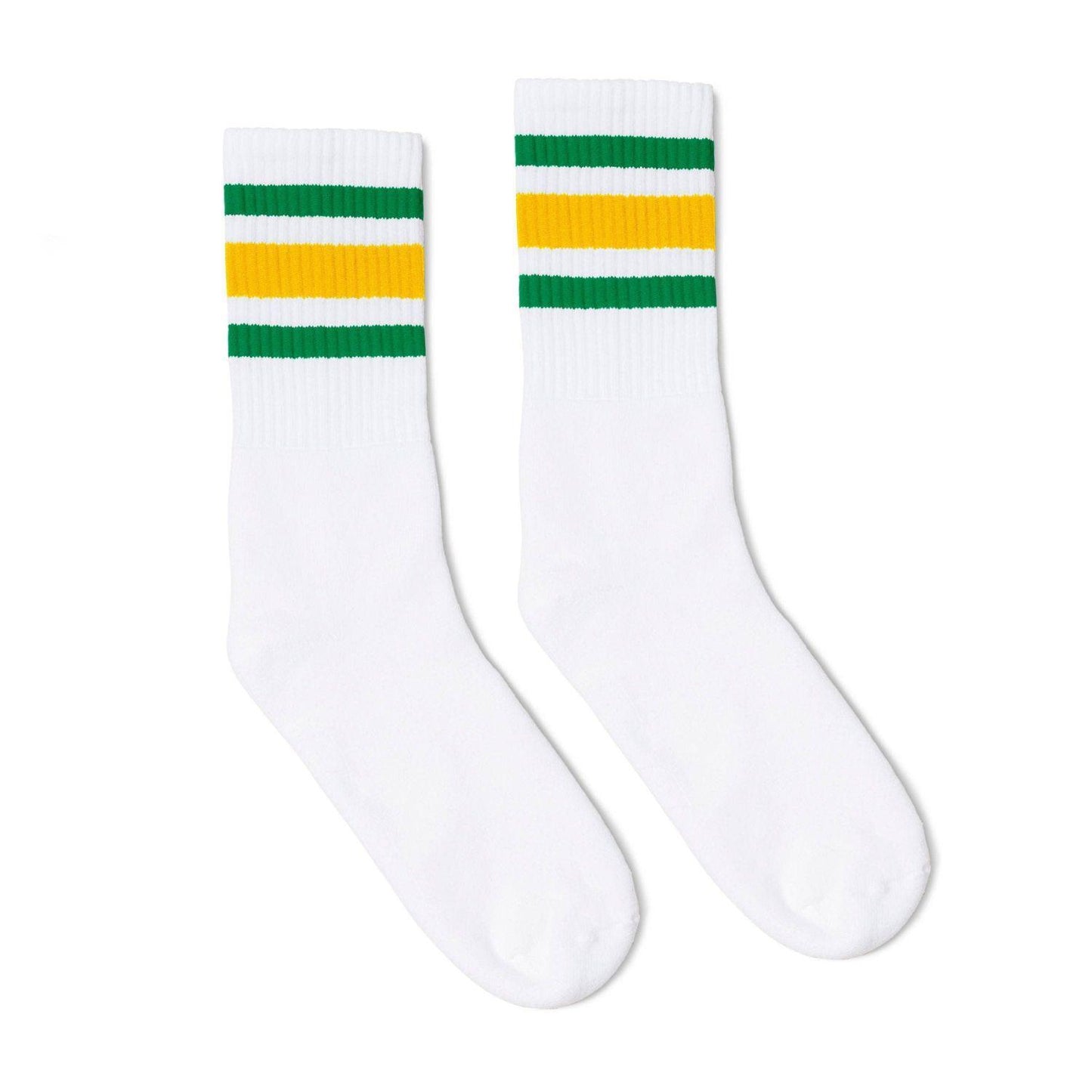 Green & Gold Striped White Crew Socks by SOCCO