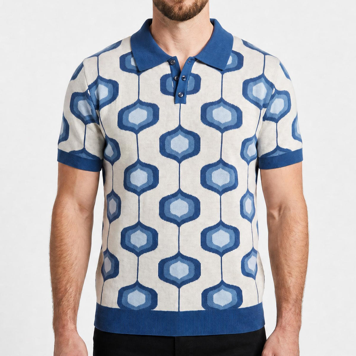 Blue and White Retro Hexagons Cotton Knit Polo Shirt