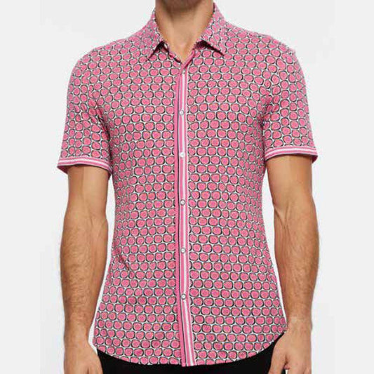 Blush Pink/Red Pebbles Stretch Nylon Performance Stretch Short Sleeve Shirt by Postmarc