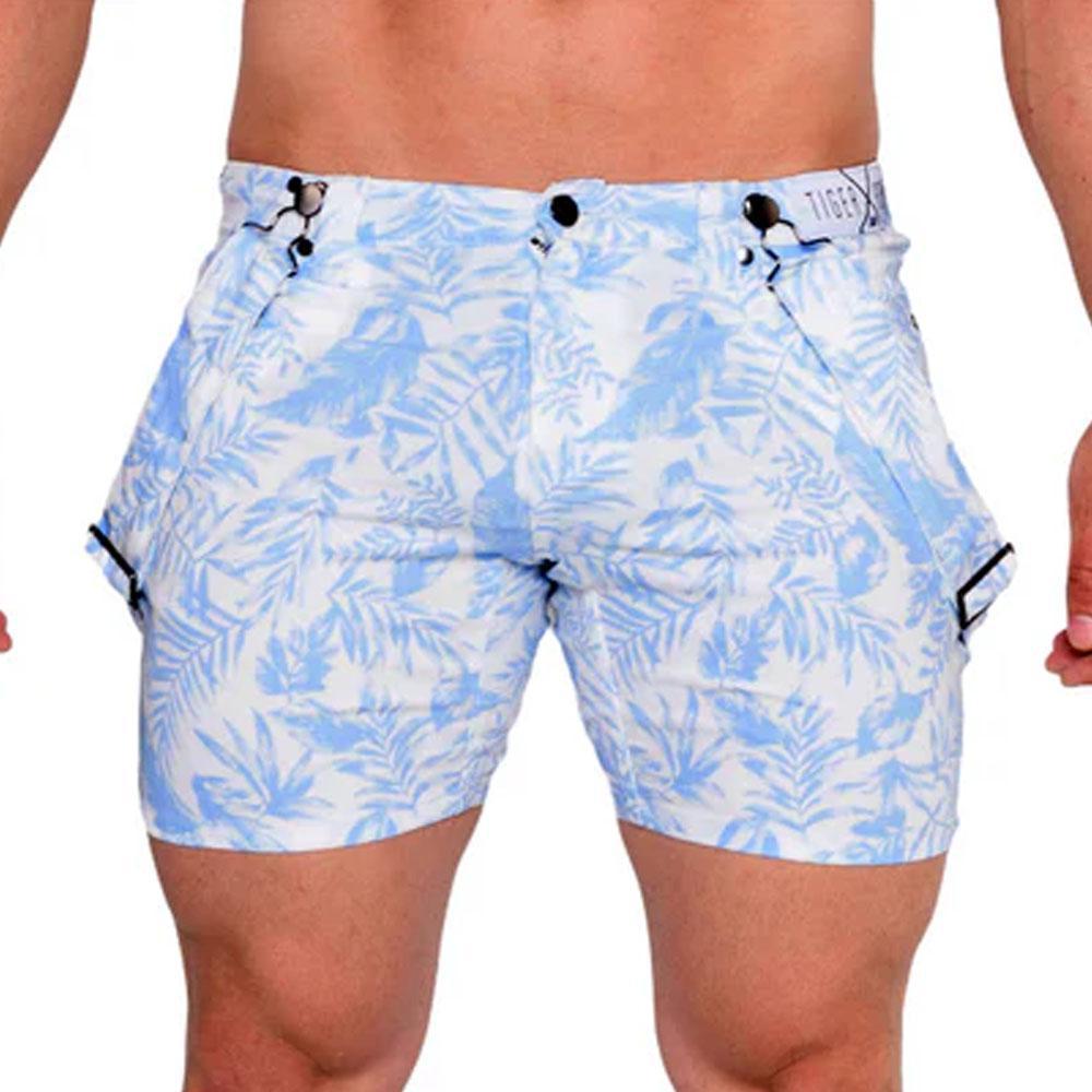 Guy Soft Blue Tropical Limited Edition Shorts with Fashion Straps by TigerXHorse Denim