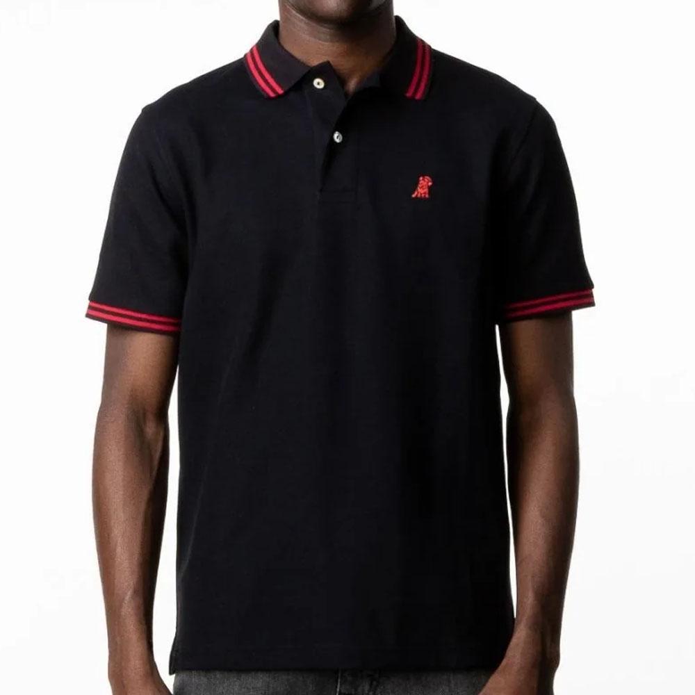 Black Regular Fit Polo Shirt with Red Striped Collar and French Bulldog Logo by James Bark