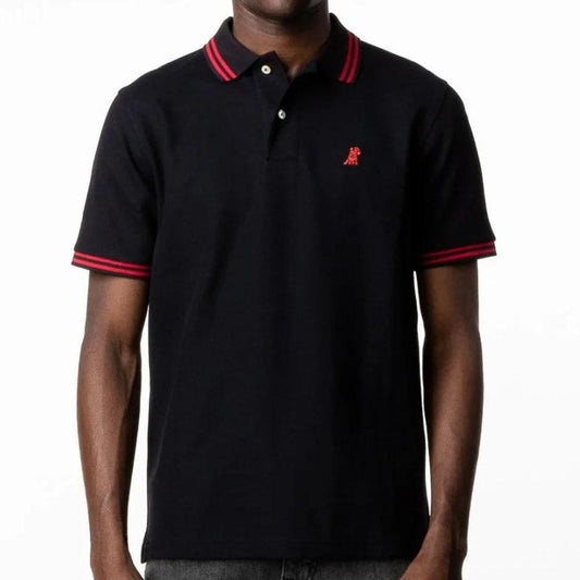 Black Regular Fit Polo Shirt with Red Striped Collar and French Bulldog Logo by James Bark