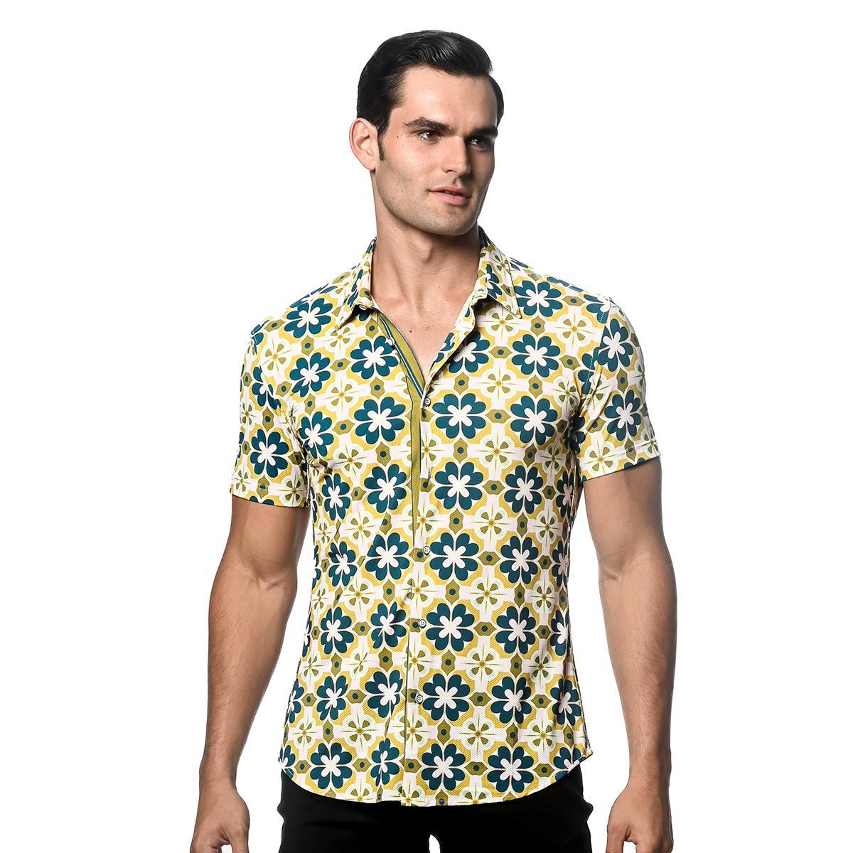 Teal/Citrus Floral Tiles Performance Stretch Short Sleeve Shirt by Postmarc
