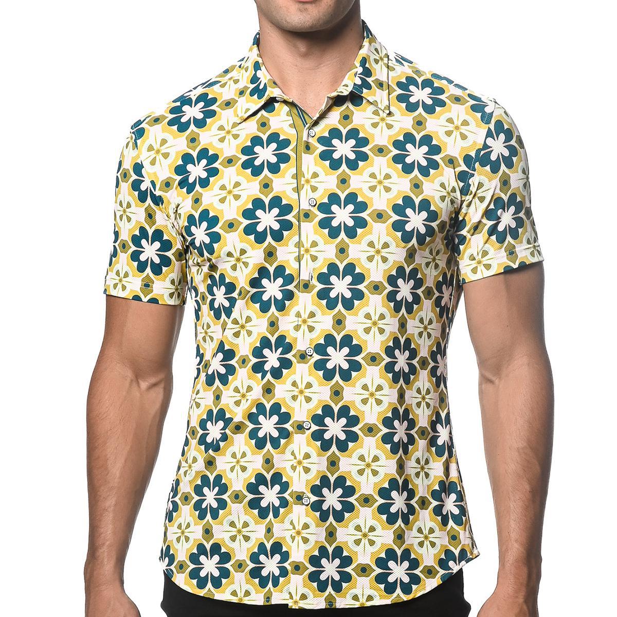 Teal/Citrus Floral Tiles Performance Stretch Short Sleeve Shirt by Postmarc