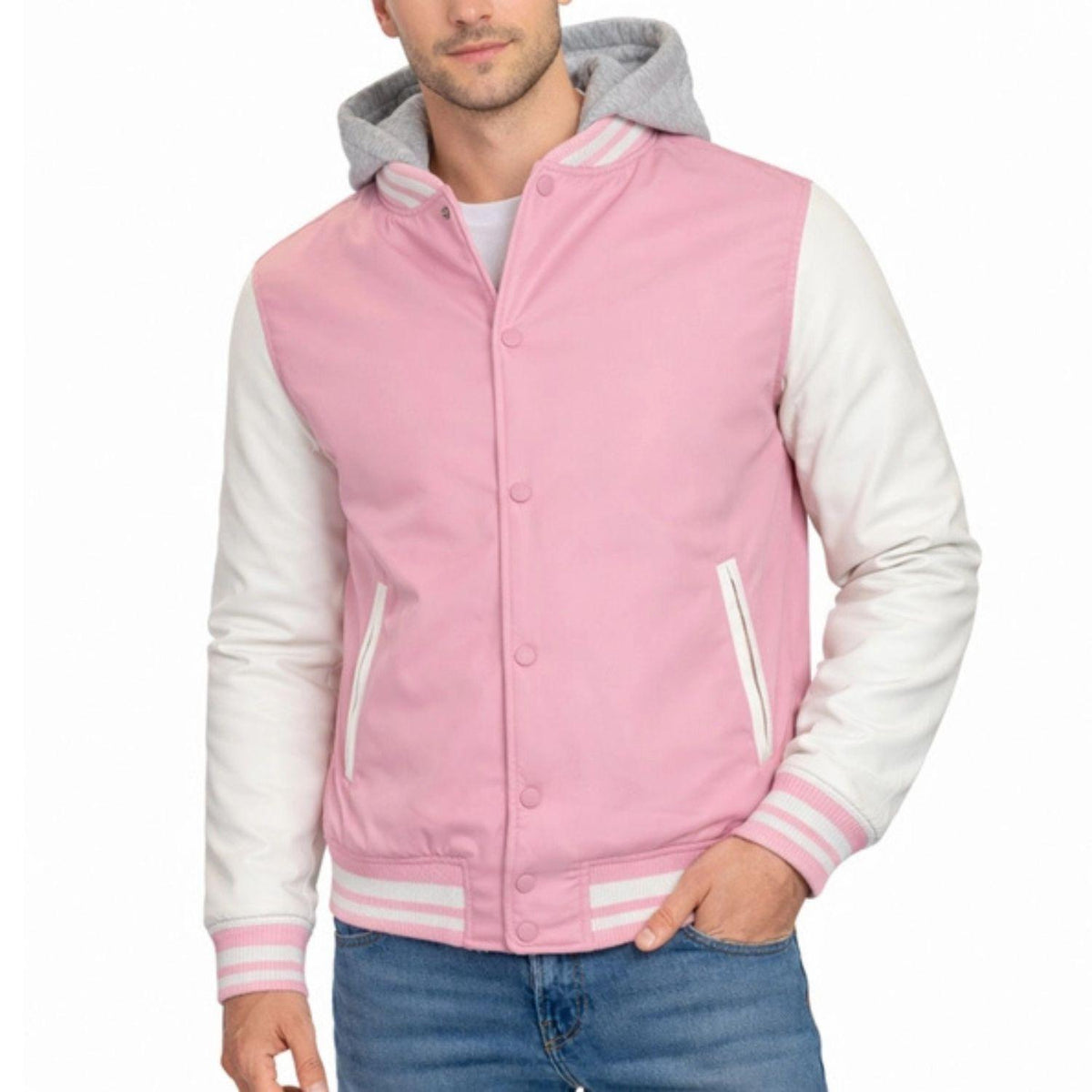 Pink Hooded Varsity Jacket w/ Detachable Hood