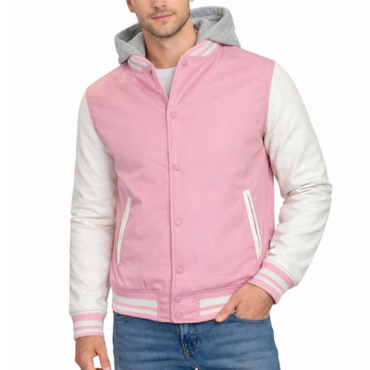 Pink Hooded Varsity Jacket w/ Detachable Hood