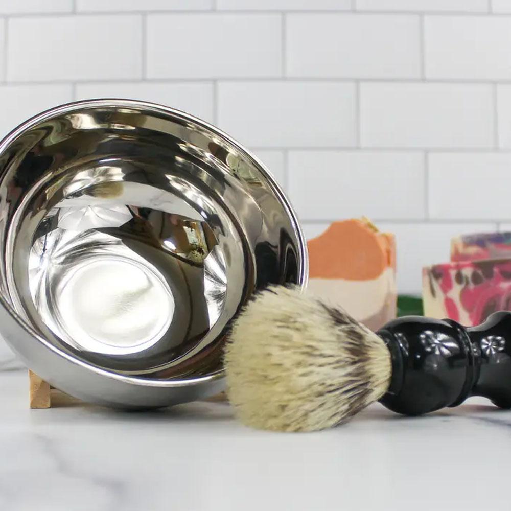 Boar-Bristle Shaving Brush and Steel Shaving Bowl Set by Holder Handmade