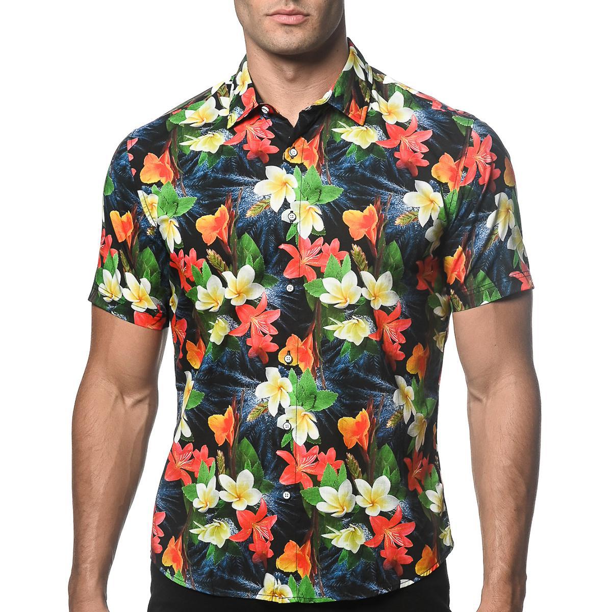 Navy/Crimson Tropics Cotton/Tencel Short Sleeve Shirt by Postmarc