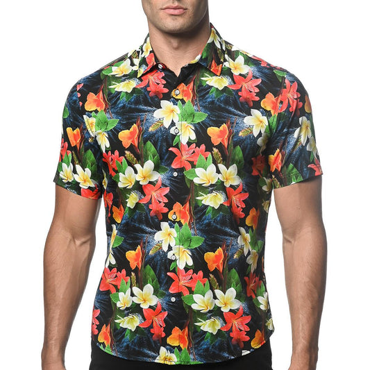 Navy/Crimson Tropics Cotton/Tencel Short Sleeve Shirt by Postmarc