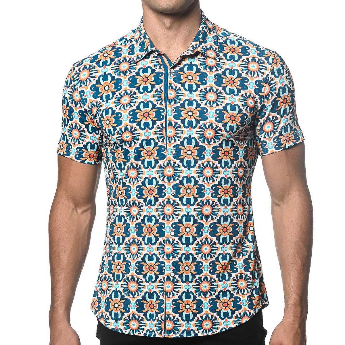Cobalt/Sunrise Floral Tiles Performance Stretch Short Sleeve Shirt by Postmarc
