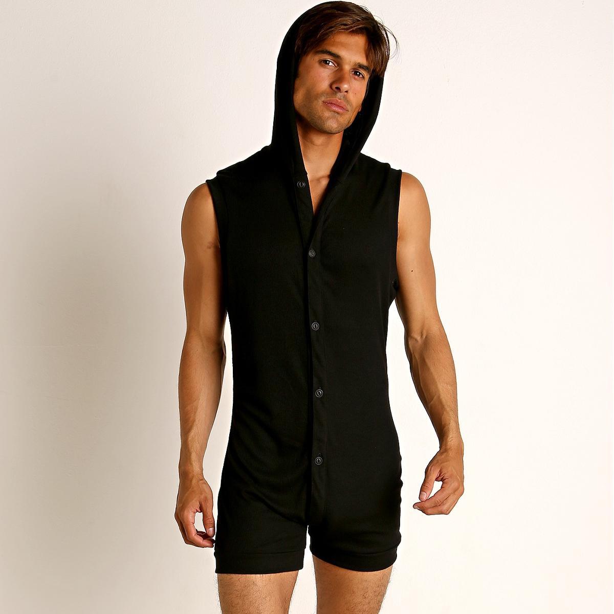 Black Ribbed Hoodie Body Suit by Rick Majors
