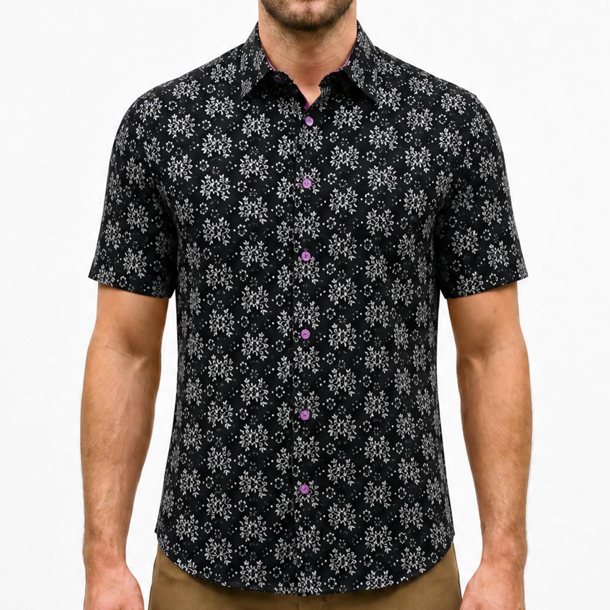 Abstract Black Floral Stretch Cotton Short Sleeve Button Down Shirt