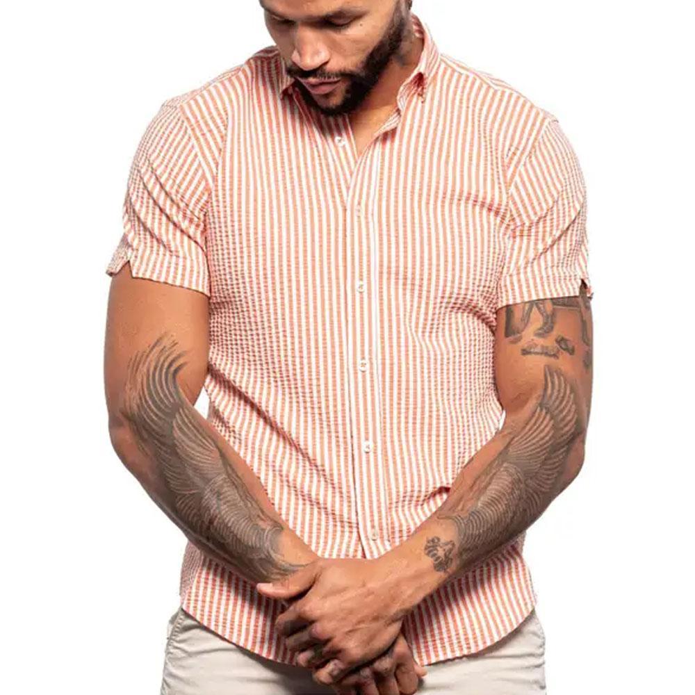 Summer Orange Stripes Seersucker Short Sleeve Shirt by Eight X