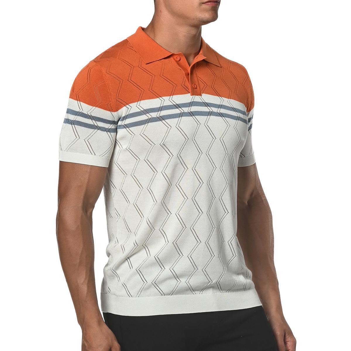 Sienna Orange/Slate Blue Zigzag Stripe Silk and Tencel Knit Polo Shirt by Postmarc