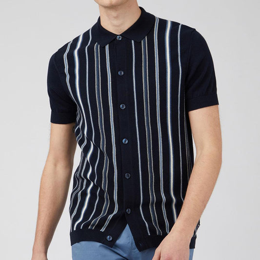 Striped Navy Button-Down Knit Polo by Ben Sherman